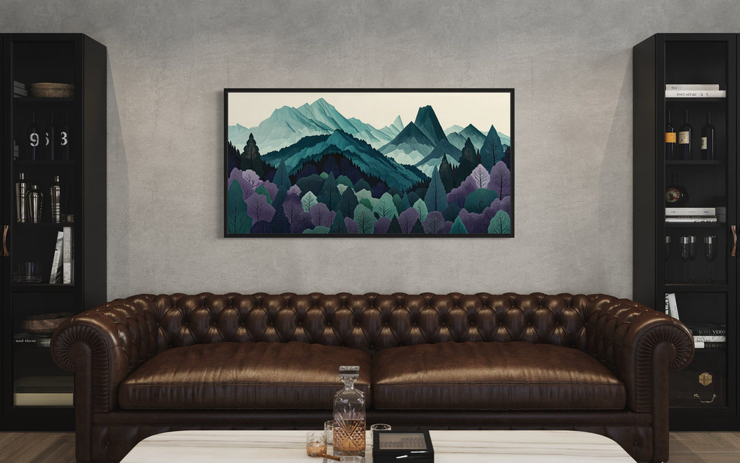 Mid Century Modern Landscape Mountain Forest Canvas Wall Art above brown couch