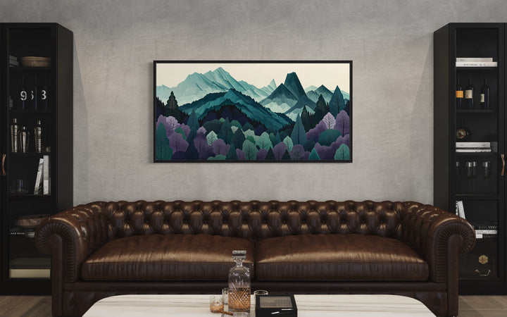 Mid Century Modern Landscape Mountain Forest Canvas Wall Art above brown couch