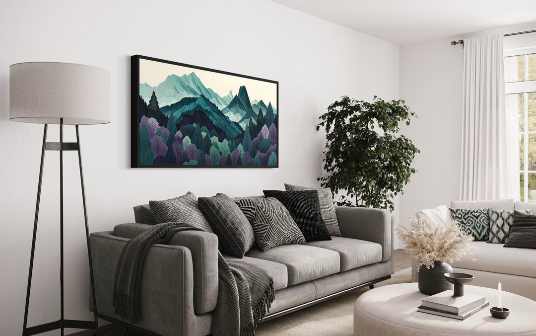 Mid Century Modern Landscape Mountain Forest Canvas Wall Art above couch