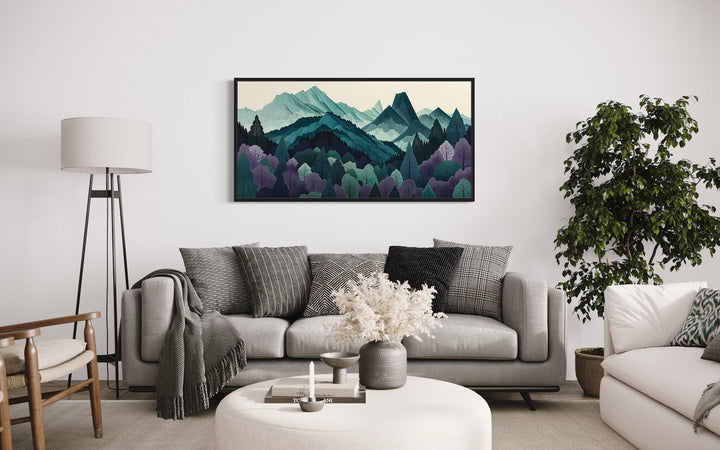 Mid Century Modern Landscape green purple Mountain Forest Canvas Wall Art