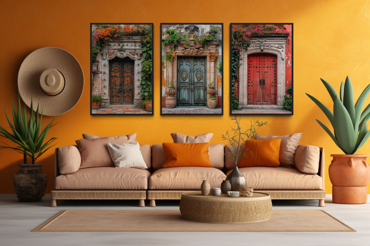 Set Of Three Mexican Doors Wall Art in colorful room