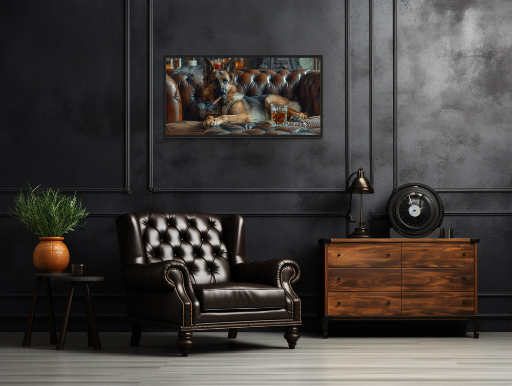 German Shepherd On Couch Smoking Cigar Drinking Whiskey Bar Wall Decor in man cave