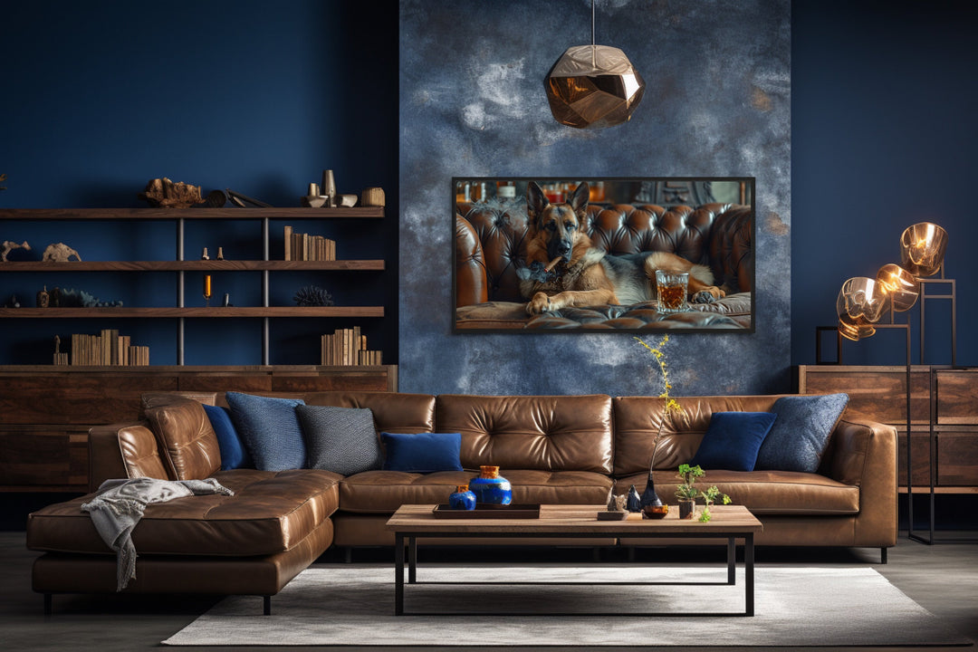 German Shepherd On Couch Smoking Cigar Wall Art in man cave