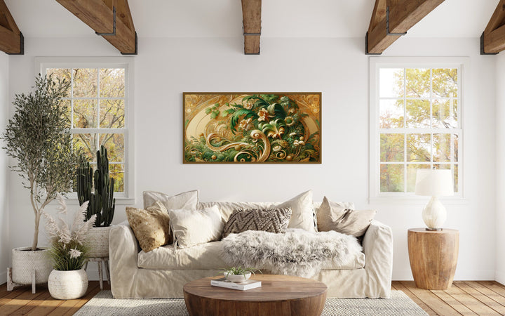 Green Gold Art Nouveau Flowers Framed Canvas Wall Art in living room