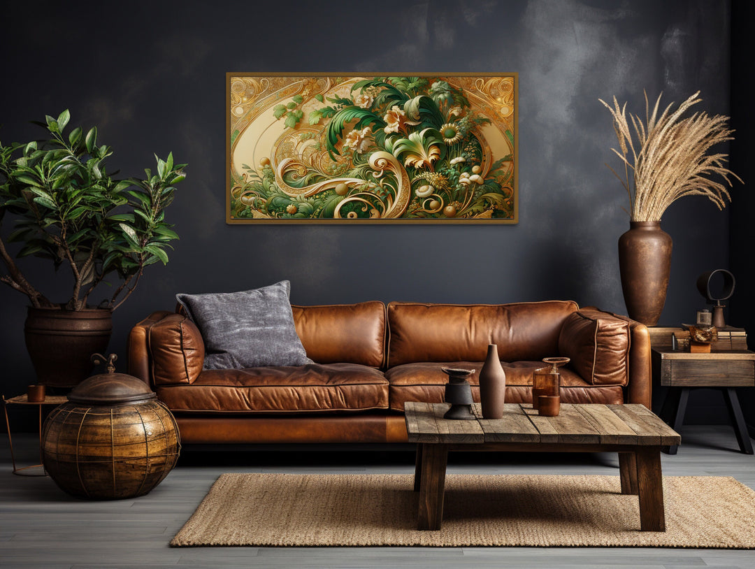 Green Gold Art Nouveau Flowers Framed Canvas Wall Art in living room above couch