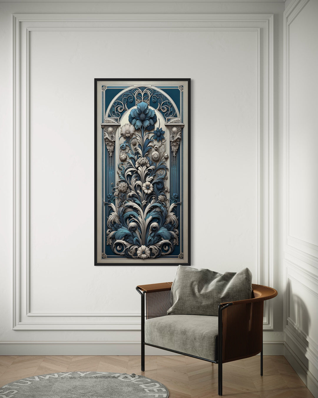 Tall Narrow Art Nouveau Blue Silver Floral Boho Vertical Wall Art in modern room