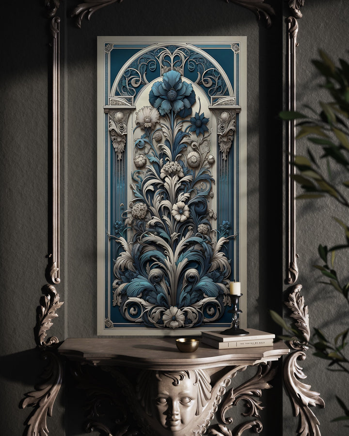 Tall Narrow Art Nouveau Blue Silver Floral Boho Vertical Wall Art in vintage room