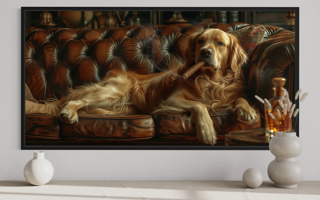 Golden Retriever On Couch Smoking Cigar Drinking Whiskey Framed Canvas Wall Art close up