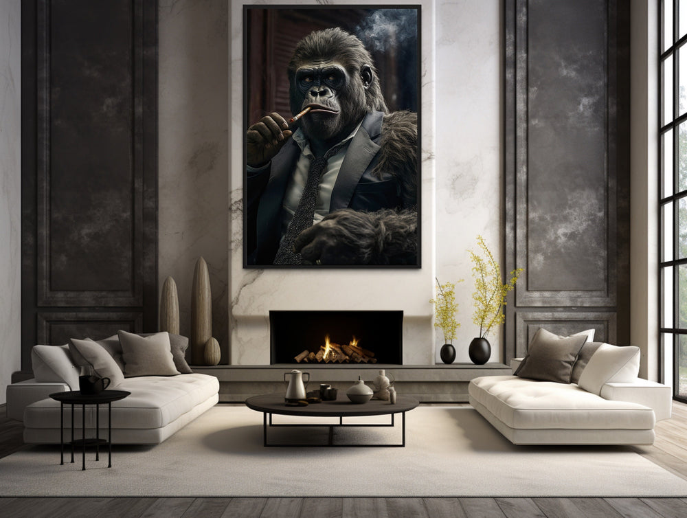 Gorilla Smoking Cigar Framed Canvas Wall Art For Men