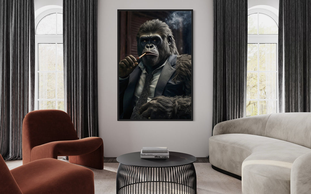 Gangster Gorilla Smoking Cigar Framed Canvas Wall Art For Men in living room