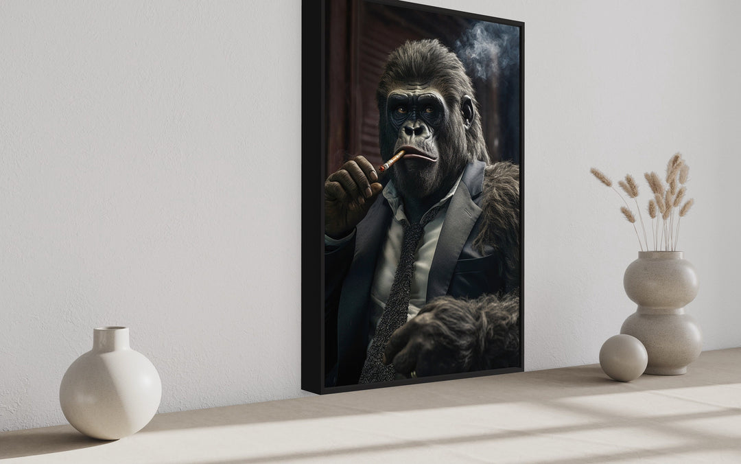 Gangster Gorilla Smoking Cigar Framed Canvas Wall Art For Men