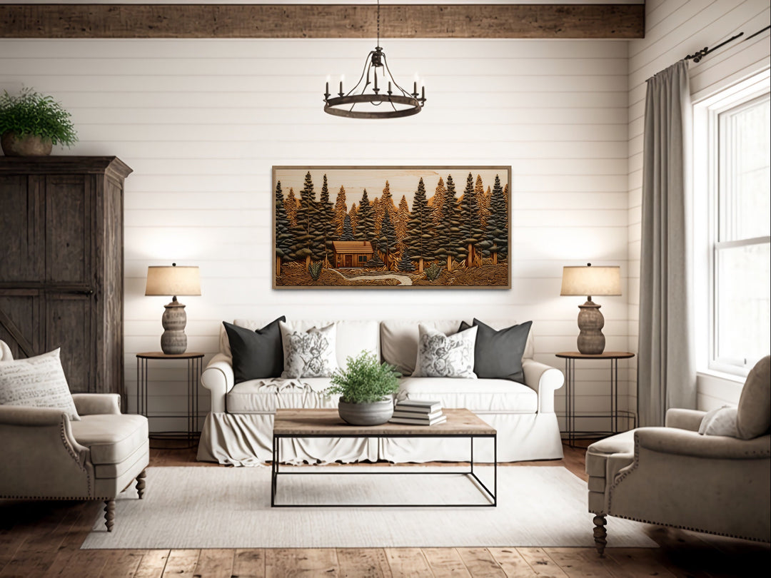 Cabin In The Woods Wood Panel Effect Framed Canvas Wall Art in cabin