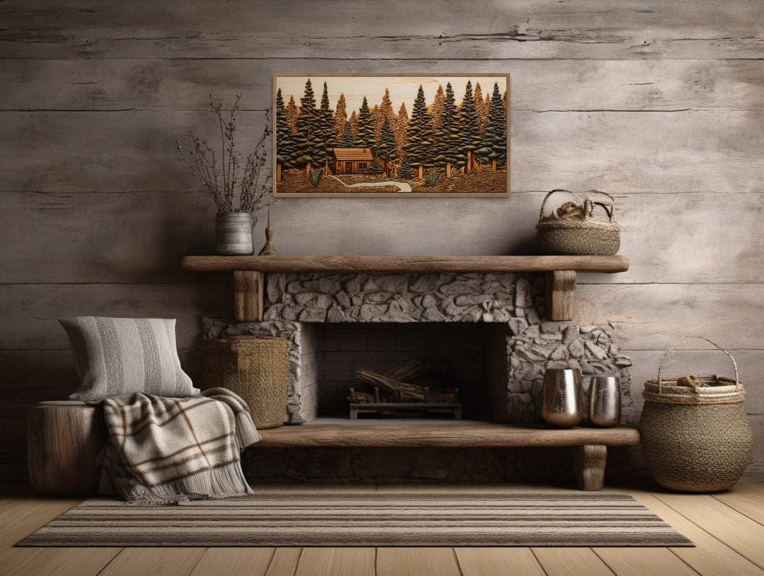 Cabin In The Woods Wood Panel Effect Framed Canvas Wall Art above fireplace