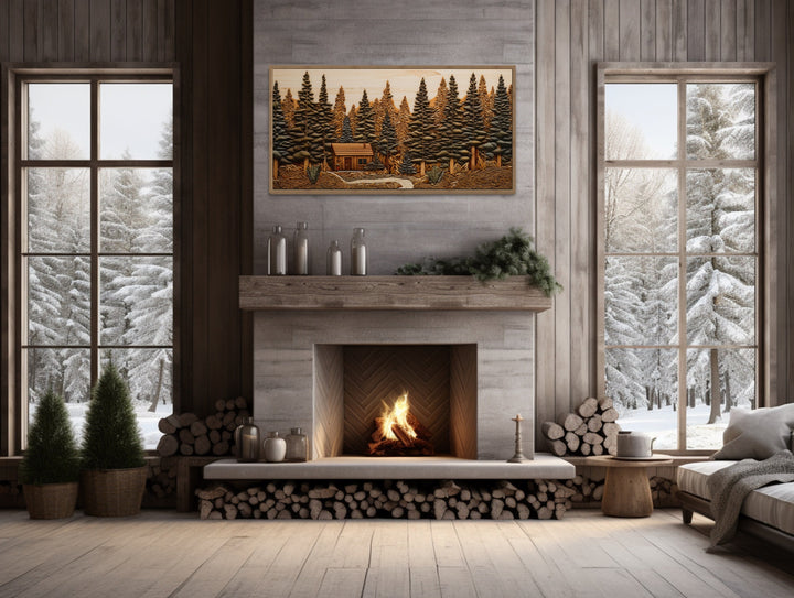 Cabin In The Woods Wood Panel Effect Framed Canvas Wall Art above mantel