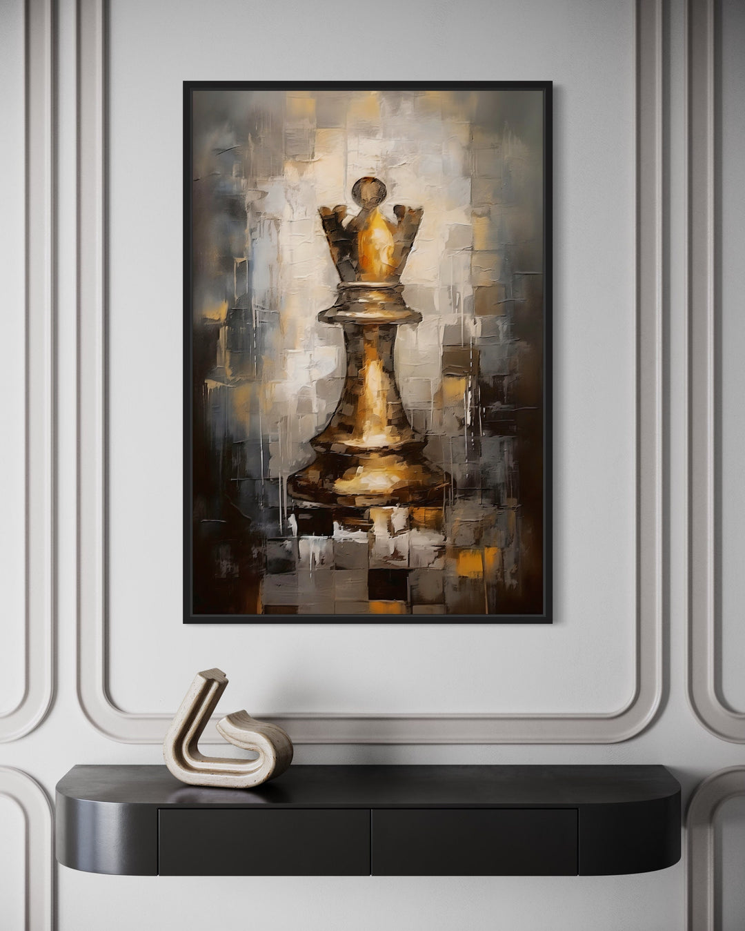 Chess Queen Black Gold Abstract Feminist Wall Art close up