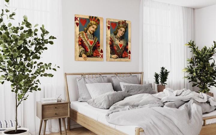 Set of 2 King And Queen Of Hearts Vintage Cards Romantic Framed Canvas Wall Art above bed