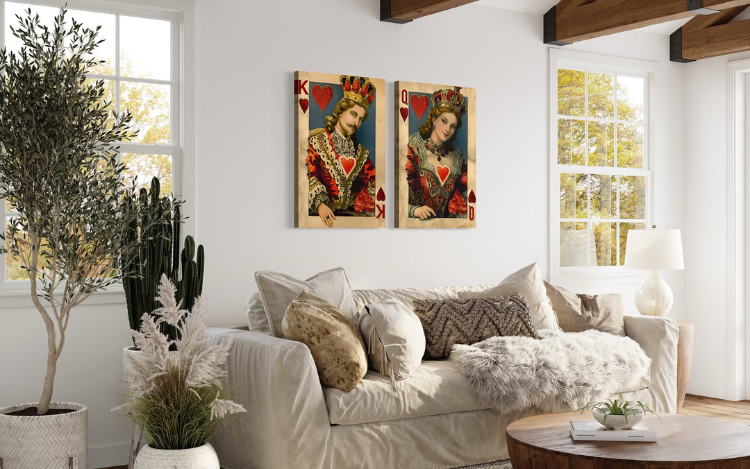 Set of 2 King And Queen Of Hearts Vintage Cards Romantic Framed Canvas Wall Art above couch