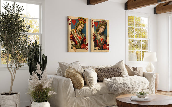 Set of 2 King And Queen Of Hearts Vintage Cards Romantic Framed Canvas Wall Art above couch