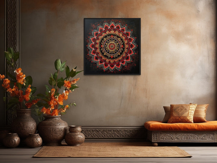Mandala Wall Art - Traditional Indian Decor "Mandala Essence" above brown carpet
