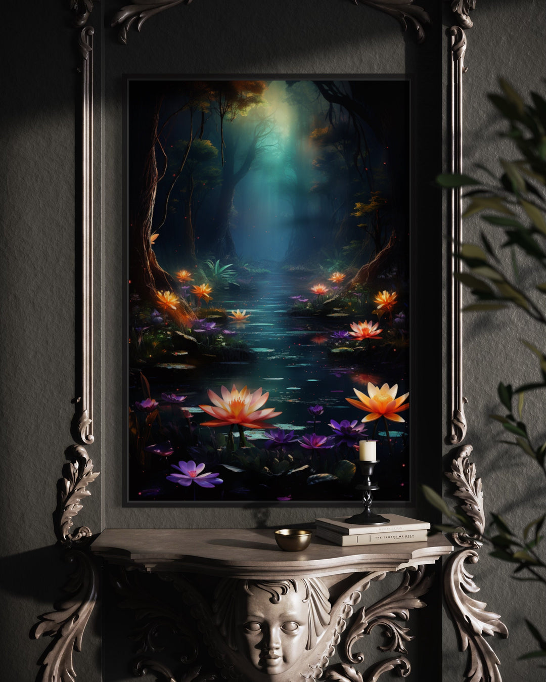 Magical Fantasy Forest Moody Framed Canvas Wall Art in gothic room