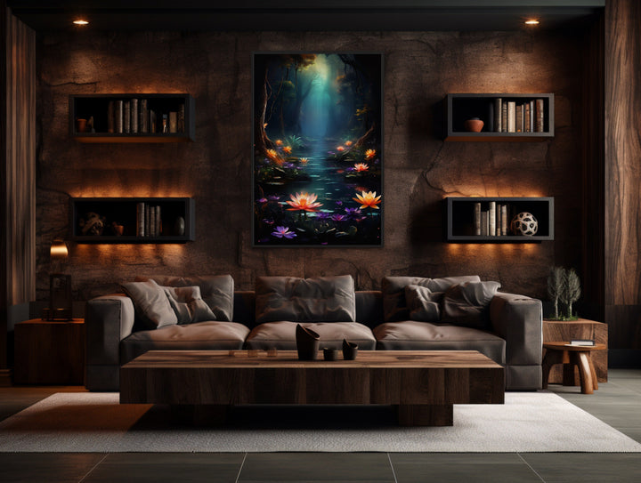 Magical Fantasy Forest Moody Framed Canvas Wall Art in dark room