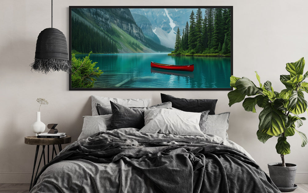 Lake Louise Landscape With Red Canoe Wall Art "Emerald Serenity" over black grey bed