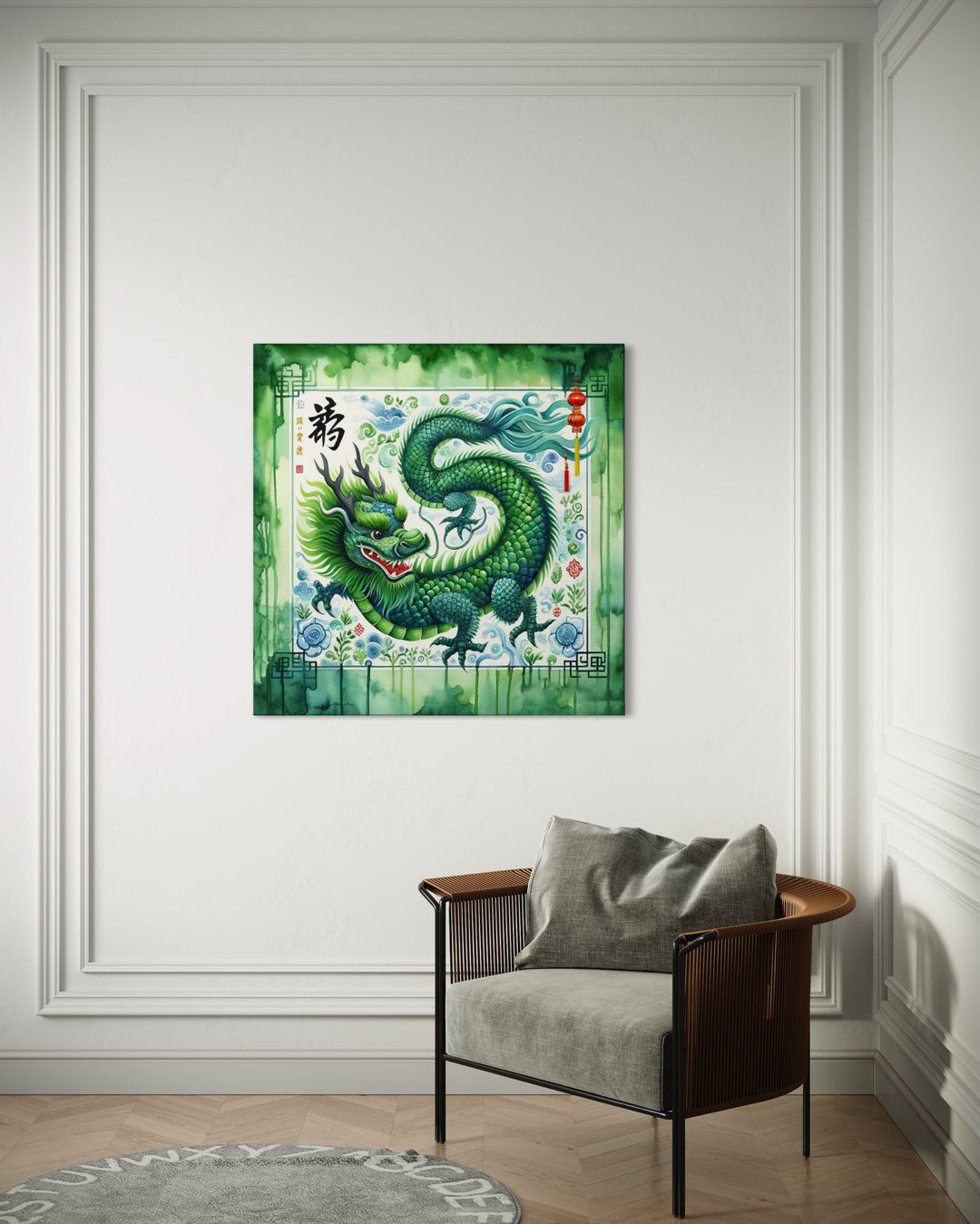 Chinese Green Dragon Framed Canvas Wall Art behind armchair