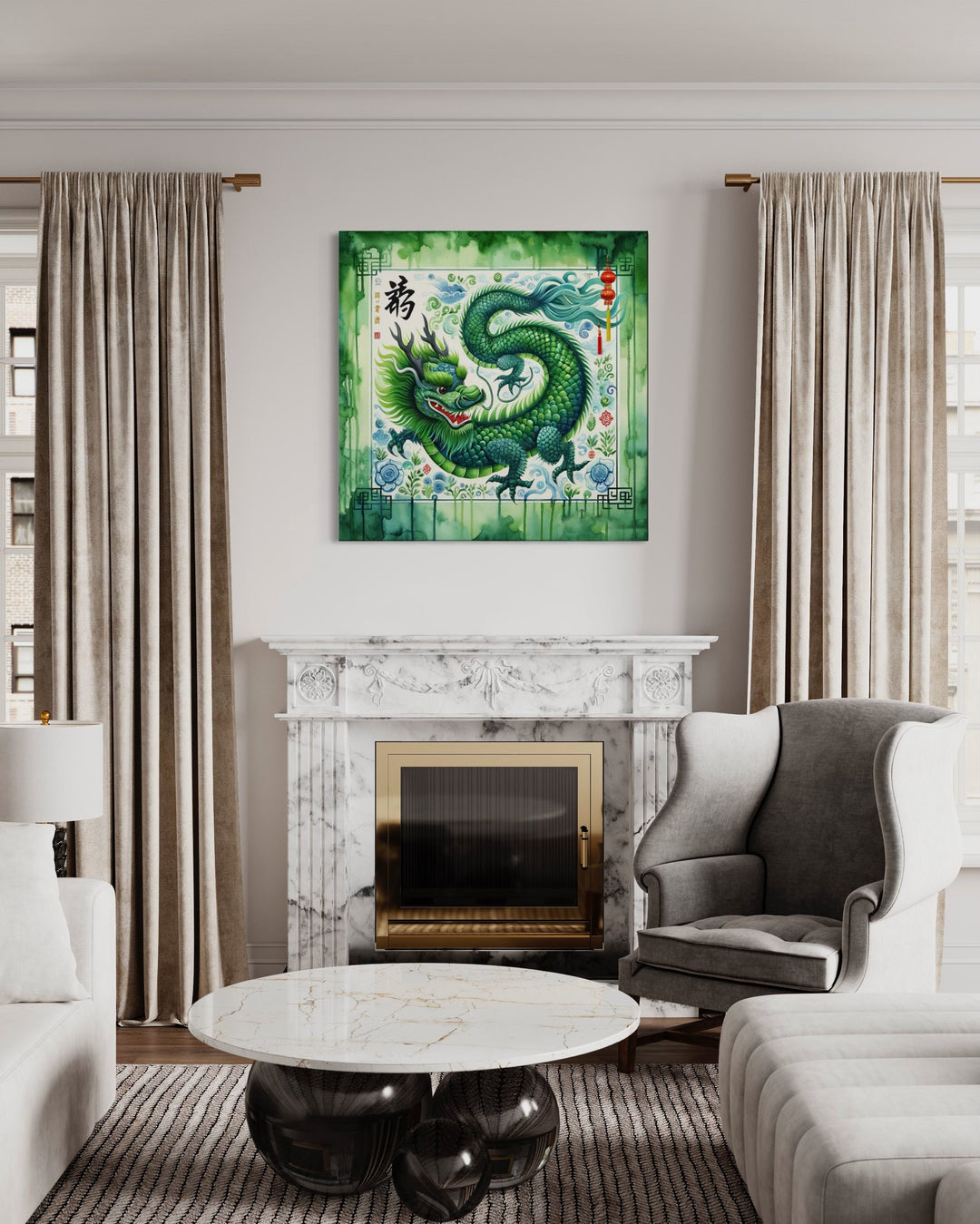 Chinese Green Dragon Framed Canvas Wall Art above fireplace