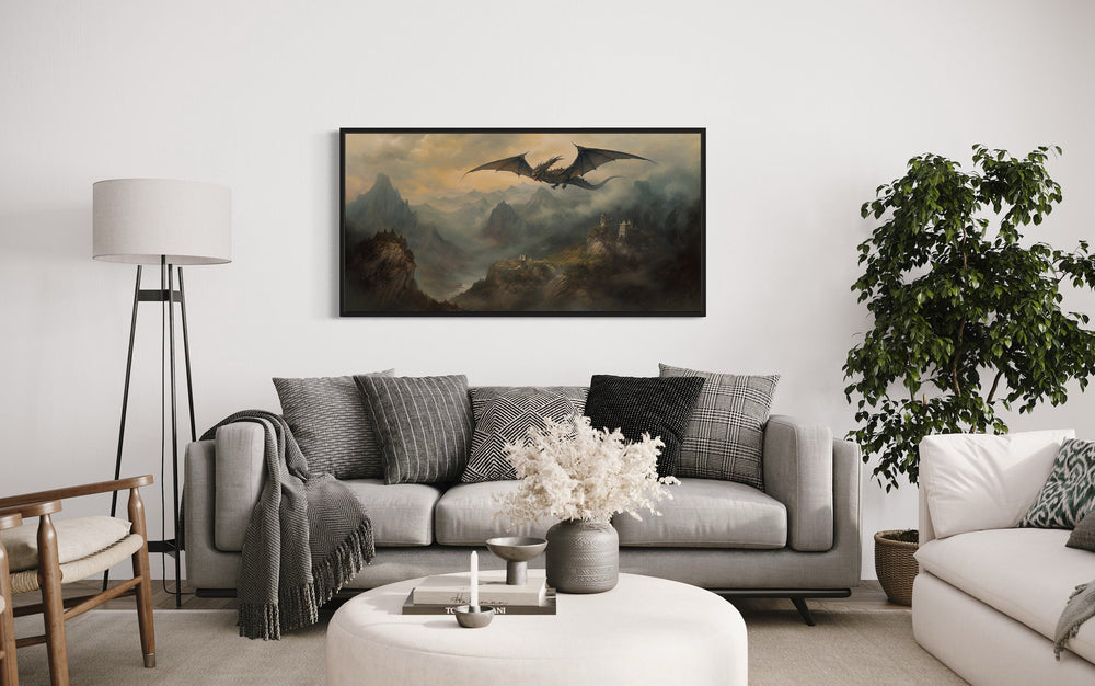 Dragon Flying Over Mountains Painting Framed Canvas Wall Art above grey couch