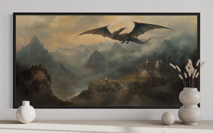 Dragon Flying Over Mountains Painting Framed Canvas Wall Art close up