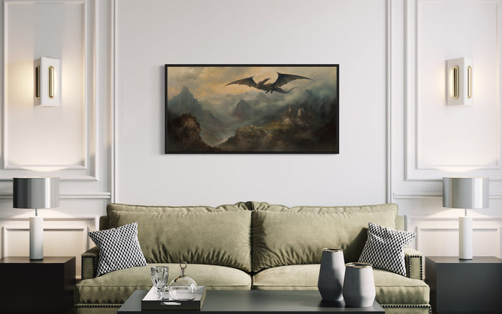 Dragon Flying Over Mountains Painting Framed Canvas Wall Art above green couch