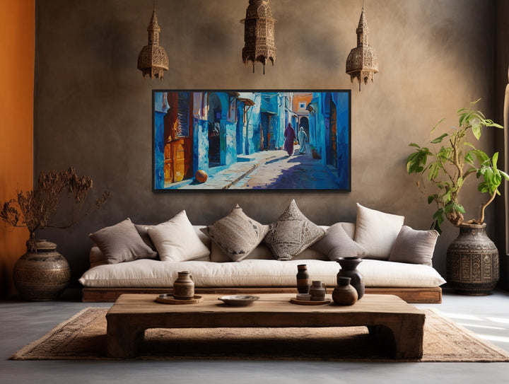 Chefchauen Blue Street Painting Morocco Framed Canvas Wall Art in islamic room