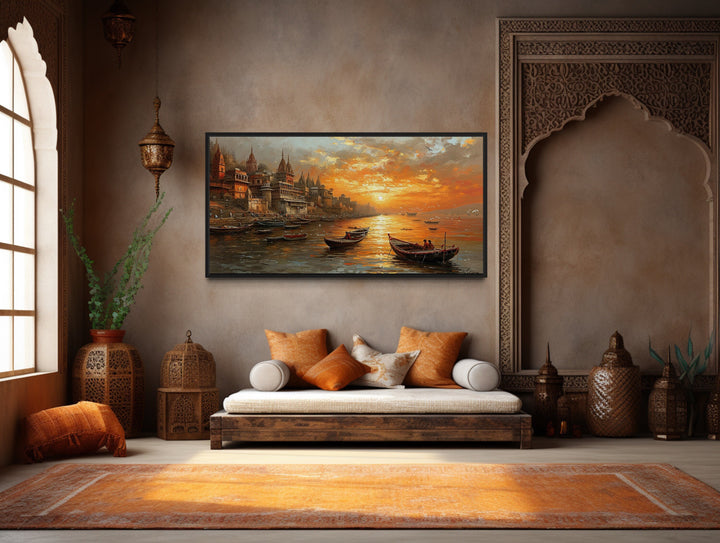 Indian Wall Art Ganges River At Sunset "Ganges Twilight" above white bed