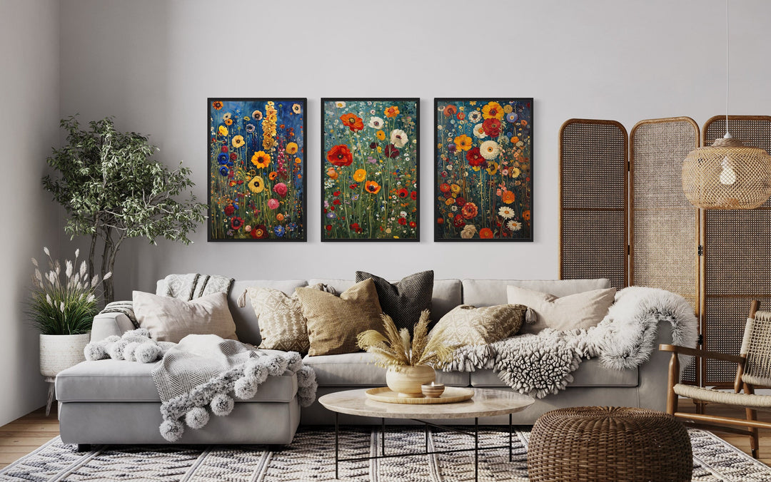 Set Of 3 Colorful Wildflowers Inspired By Gustav Klimt Spring Wall Art