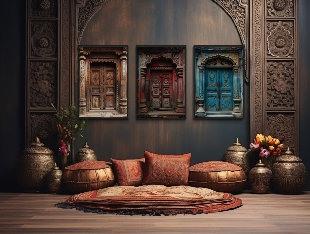 Set Of Three Indian Framed Canvas Wall Art, Colorful Doors Painting