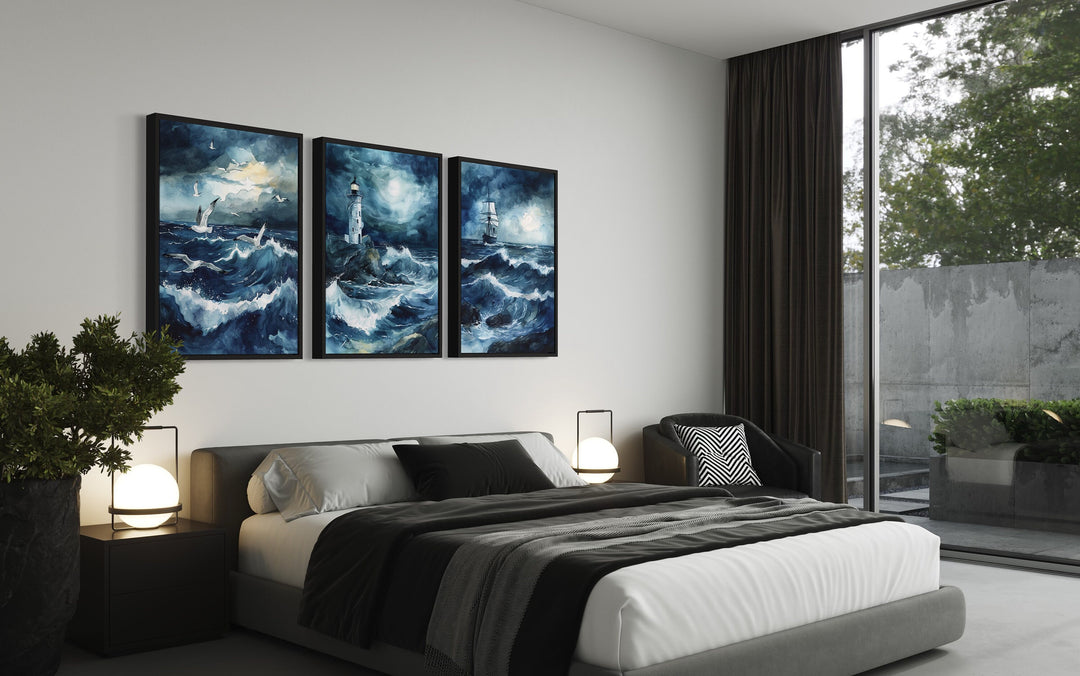 Set of 3 Lighthouse, Sail Ship, Seagulls In Stormy Ocean Nautical Framed Canvas Wall Art above bed