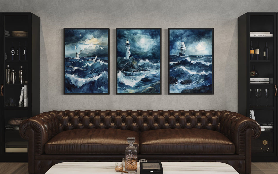Set of 3 Lighthouse, Sail Ship, Seagulls In Stormy Ocean Nautical Framed Canvas Wall Art