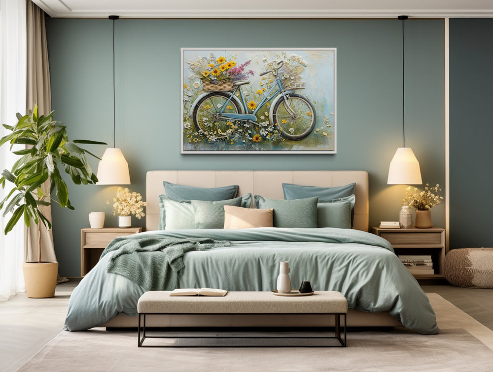 Floral Bicycle Rustic Farmhouse Framed Canvas Wall Art above bed