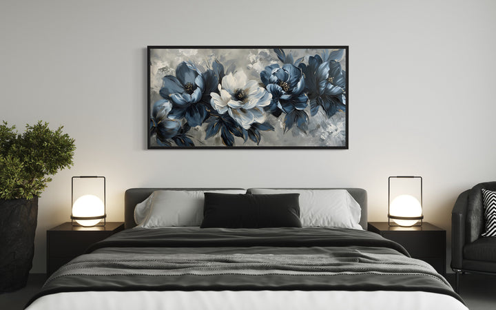 Navy Blue Abstract Flowers Framed Canvas Wall Art above grey couch