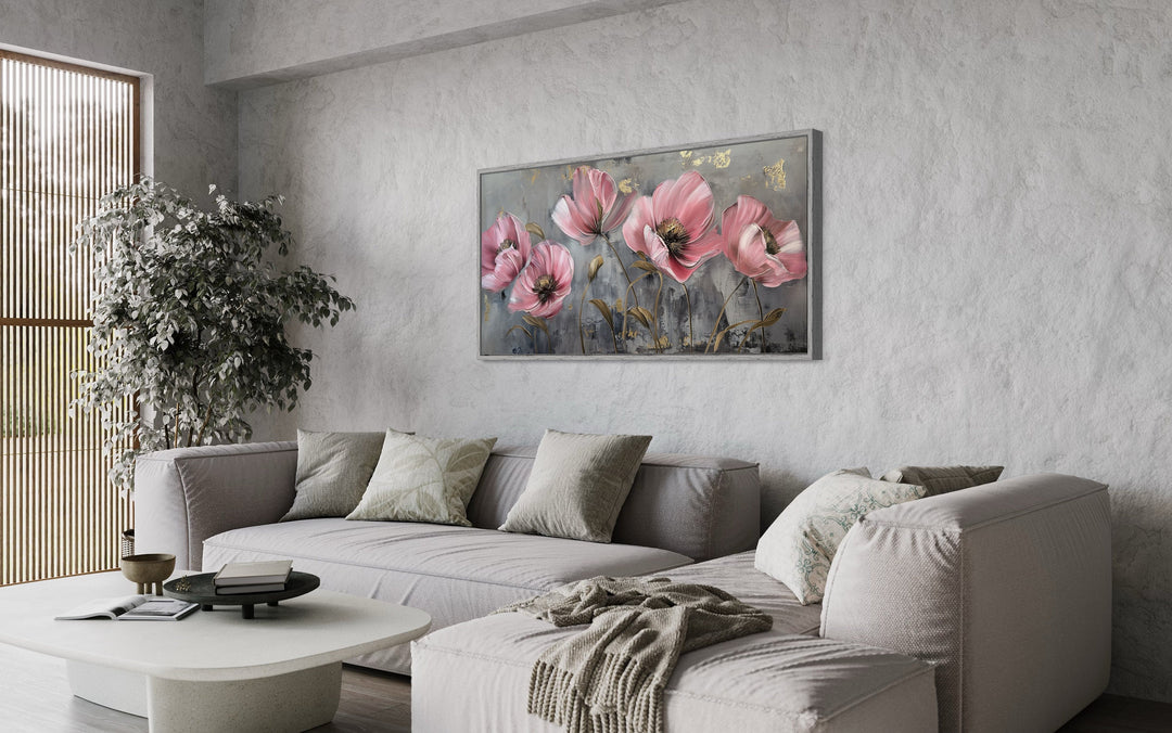 Pink Abstract Flowers on Grey Background Boho Modern Framed Canvas Wall Art in living room