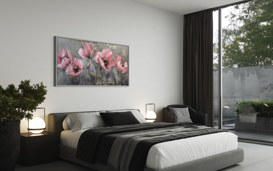 Pink Abstract Flowers on Grey Background Boho Modern Framed Canvas Wall Art in bedroom