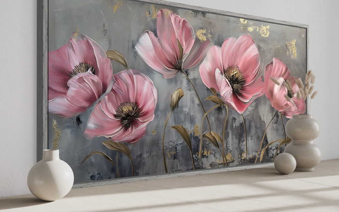 Pink Abstract Flowers on Grey Background Boho Modern Framed Canvas Wall Art side view