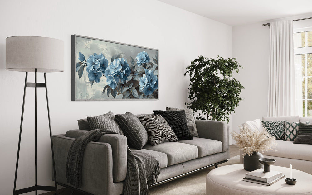 Light Blue Abstract Flowers On Grey Background Framed Canvas Wall Art in living room