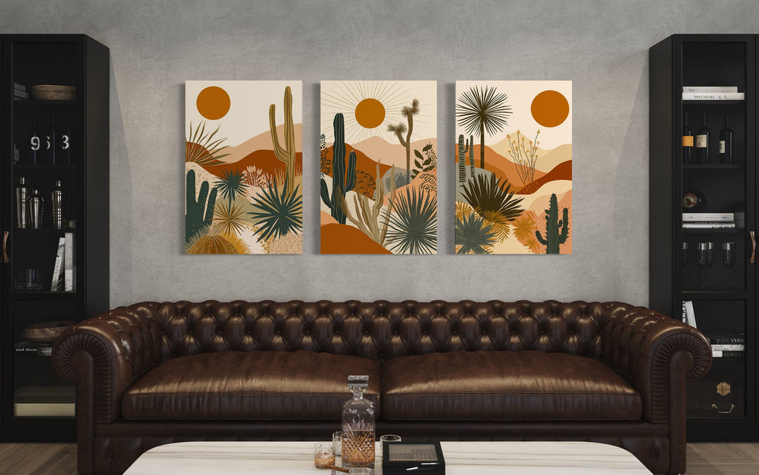 3 Piece Set Mid Century Modern Desert Cactus Sun Wall Art above brown couch