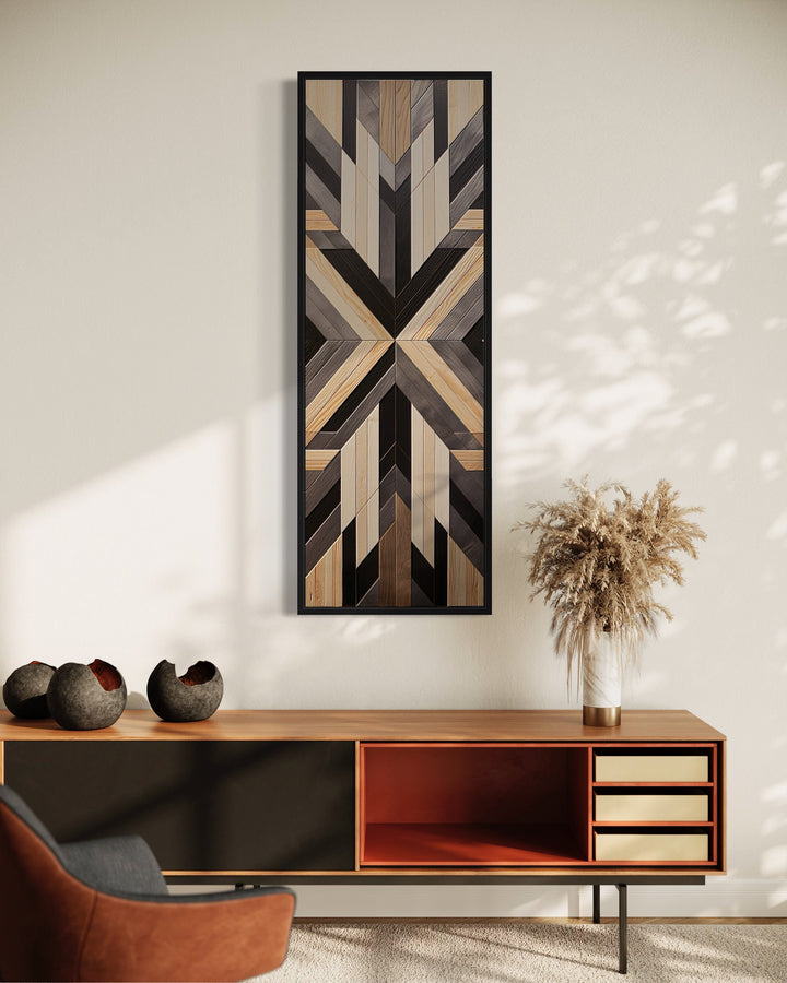 Tall Narrow Neutral Brown Aztec Inspired Vertical Canvas Wall Art above furniture