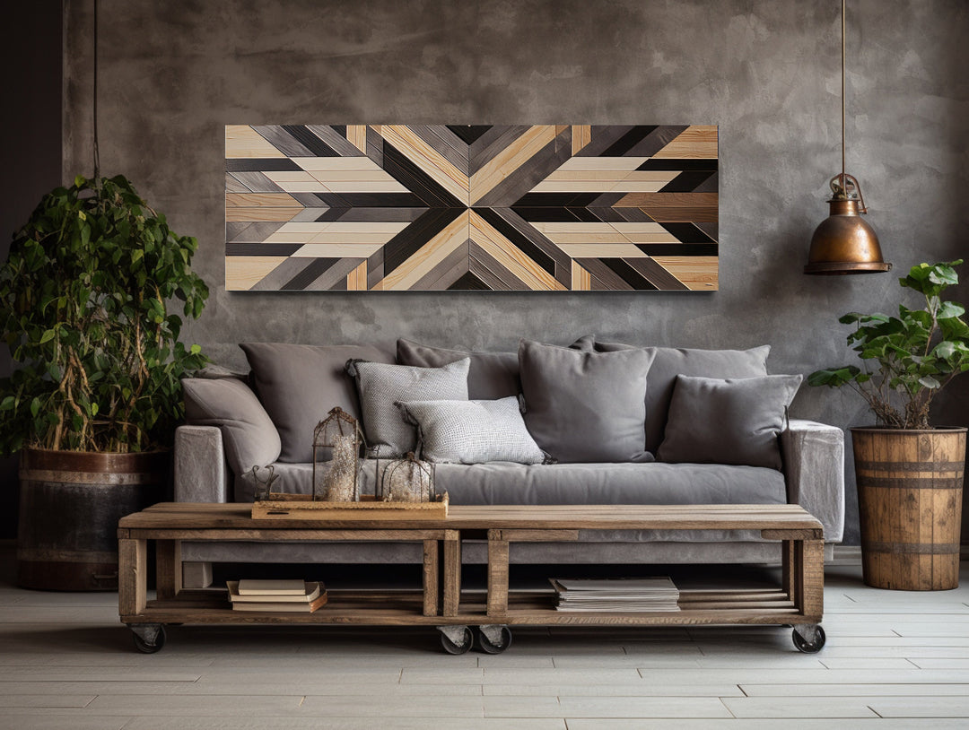 Painted Aztec Inspired Wood Painting Horizontal Southwestern Wall Art above couch