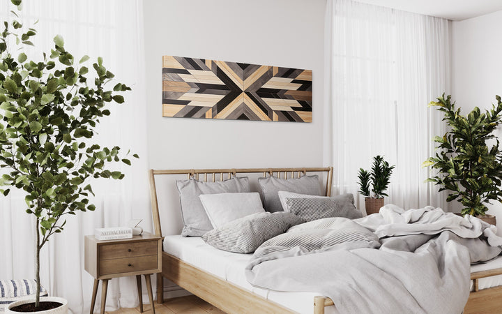 Painted Aztec Inspired Wood Painting Horizontal Southwestern Wall Art above bed