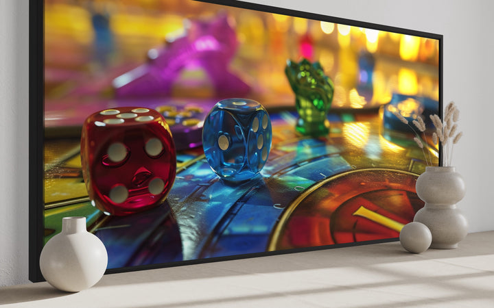 Decor Rolling Dice And Board Game Framed Canvas Wall Art in Game Room side view