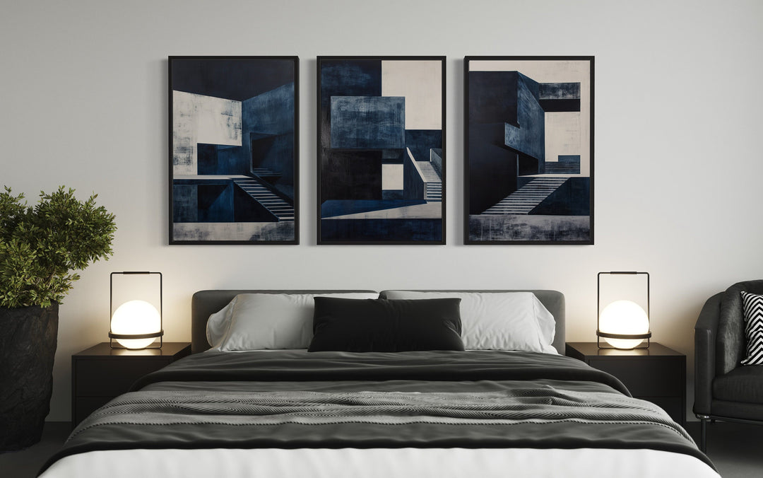 3 Piece Mid Century Modern Navy Blue Architectural Wall Art above bed