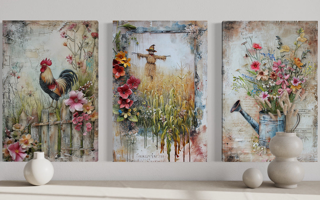 Set of 3 Farmhouse Framed Canvas Wall Art - Rooster, Scarecrow, Watering Can close up